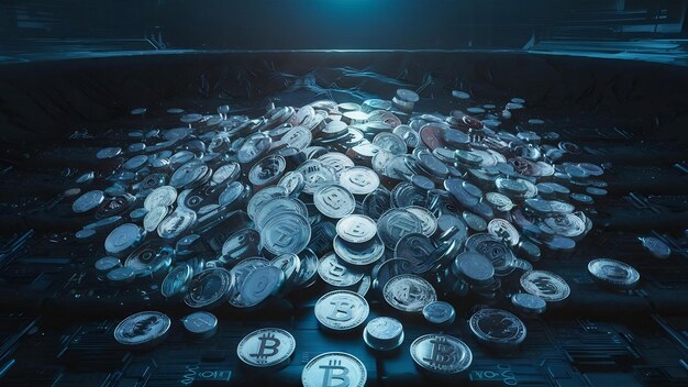 Photo a lot of cryptocurrency coins lie on a dark surface