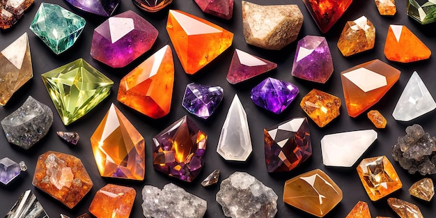 A lot of crystals and gemstones on a dark background Natural minerals such as agate amber amethyst quartz and others A scattering of precious stones Generative AI