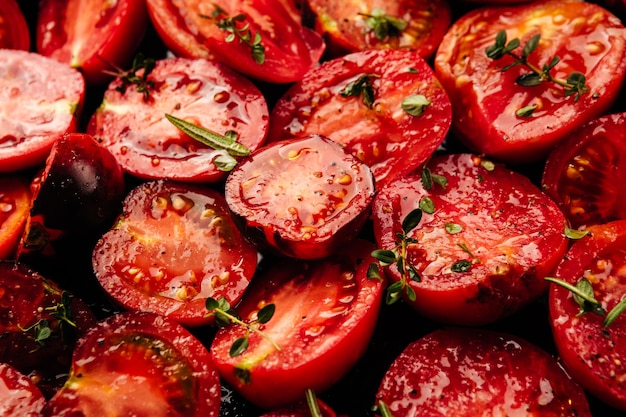 Molti pomodori tagliati per l'essiccazione