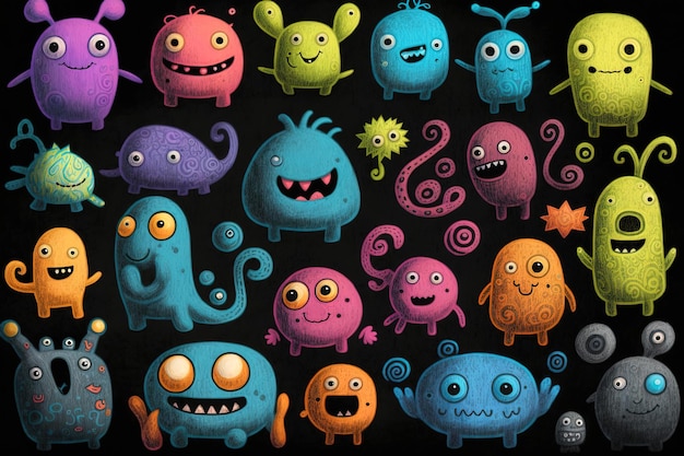 A lot of cute little monsters illustrations