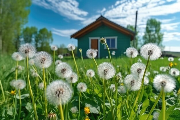 Lot of dandelions closeup on nature AI generated