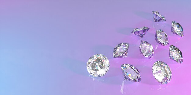 Lot of diamonds lying in a pile in neon light, 3d illustration