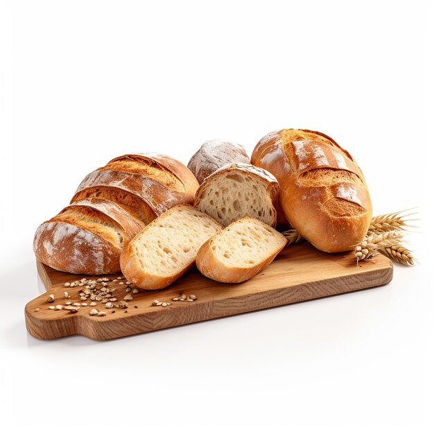 Lot of different bread in a basket on a wooden table white background