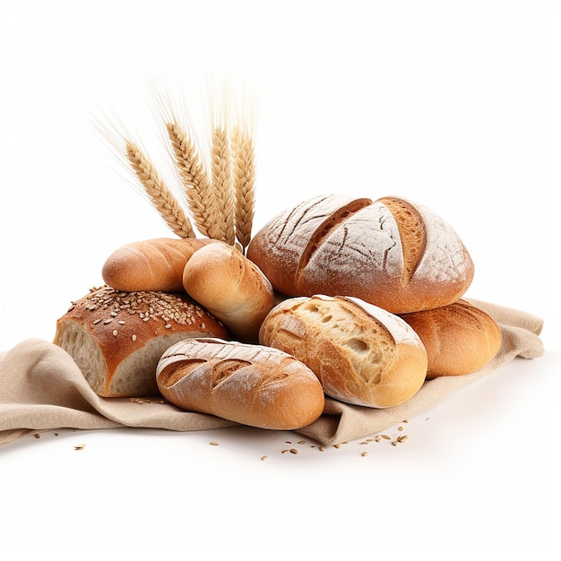 Lot of different bread in a basket on a wooden table white background