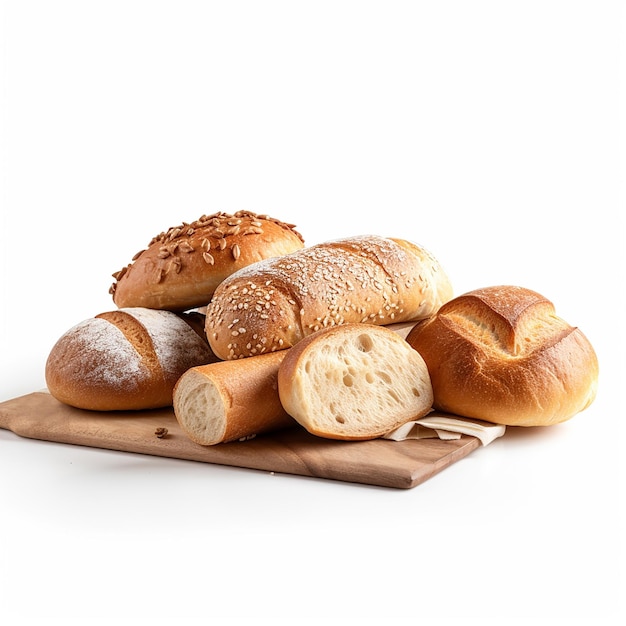 Lot of different bread in a basket on a wooden table white background