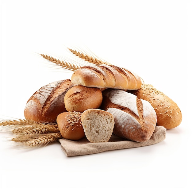 Lot of different bread in a basket on a wooden table white background