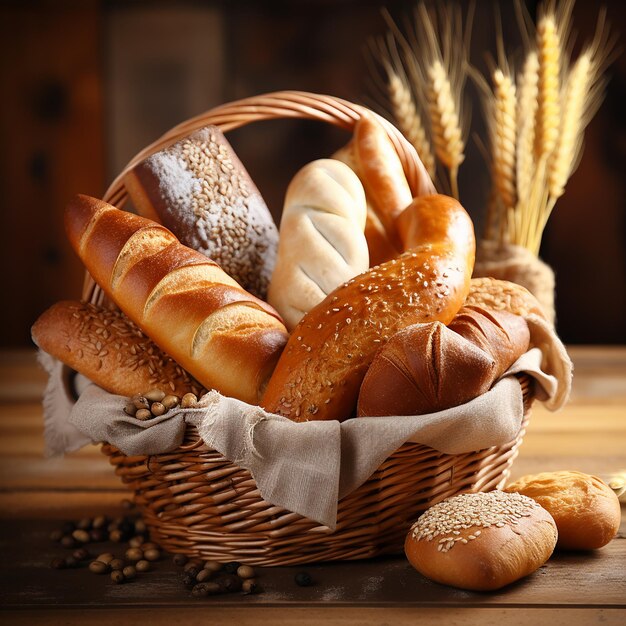 Lot of different bread in a basket on a wooden table