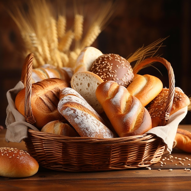 Lot of different bread in a basket on a wooden table