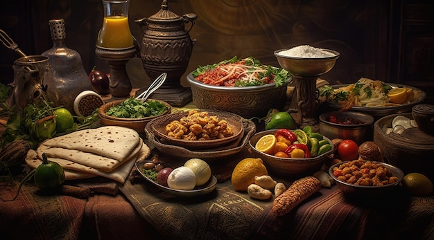 Много разной еды и блюд, расположенных на столе с рисом карри Generative AI