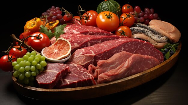 Lot of different raw meat in basket on wooden table on wooden background