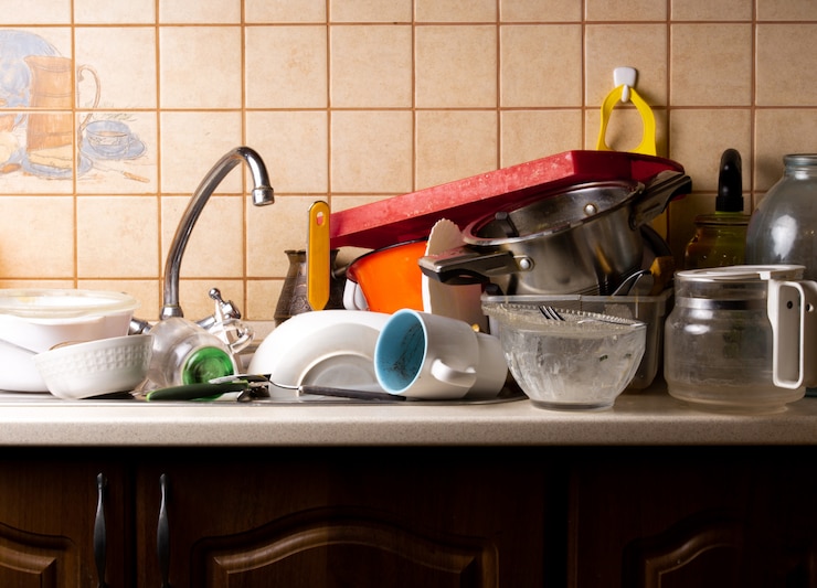 Photo a lot of dirty dishes lie in the sink in the kitchen that needs to be washed.