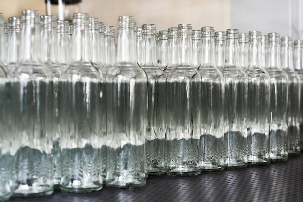 A lot of empty glass bottles on the conveyor