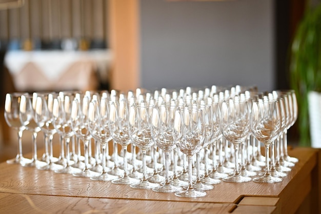 Lot of empty glasses on the reception party table high quality photo