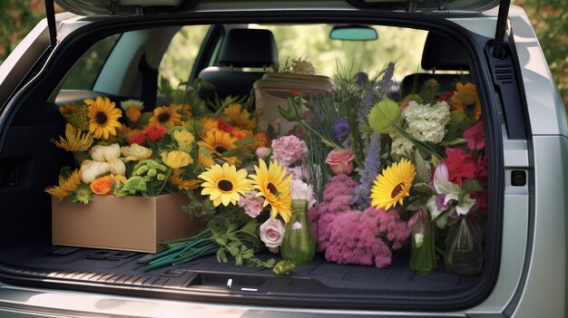 a lot of flowers in car trunk in spring day