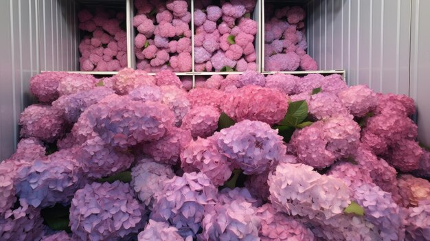 Photo a lot of flowers packed in boxes refrigerator warehouse