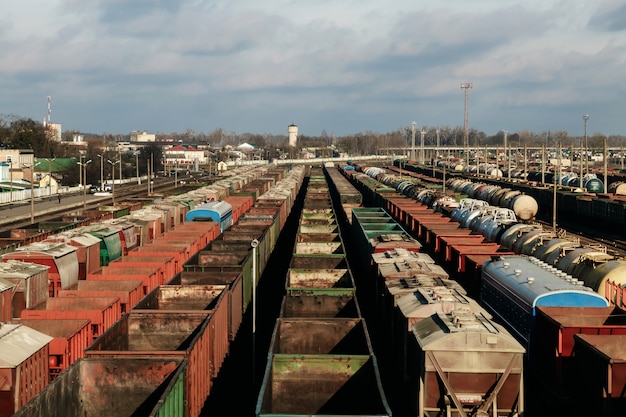 A lot of freight rail cars a cargo distribution station