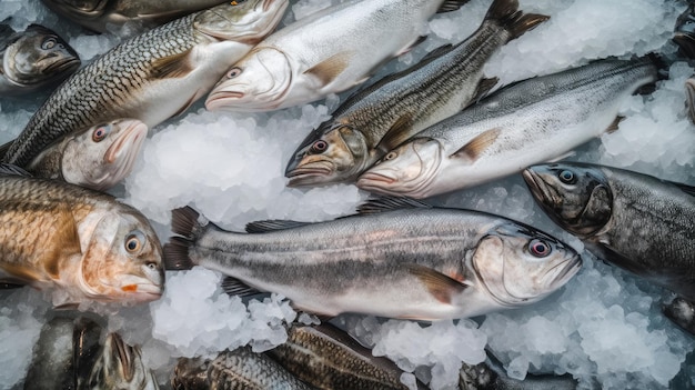 A lot of freshly caught seafood on ice at food market