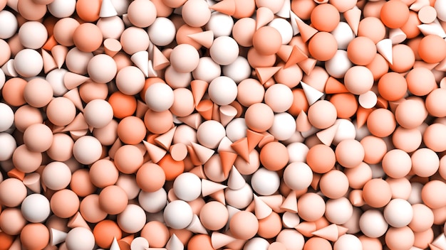 A lot of geometric objects on a surface spheres and cones in\
calming coral color poured geometry 3d render illustration