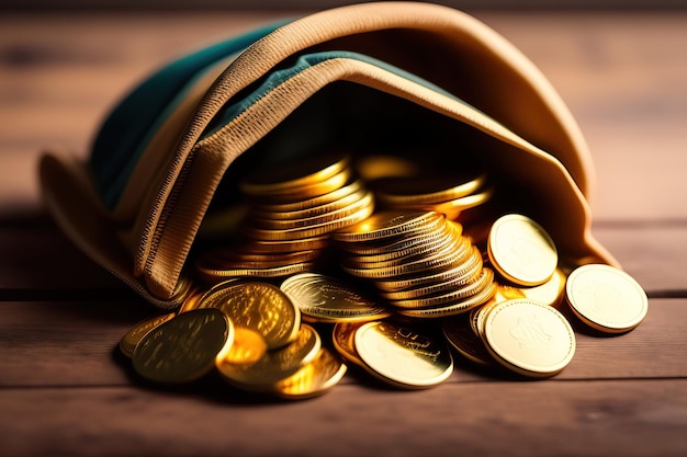 Lot of gold coins in a bag on a wooden table