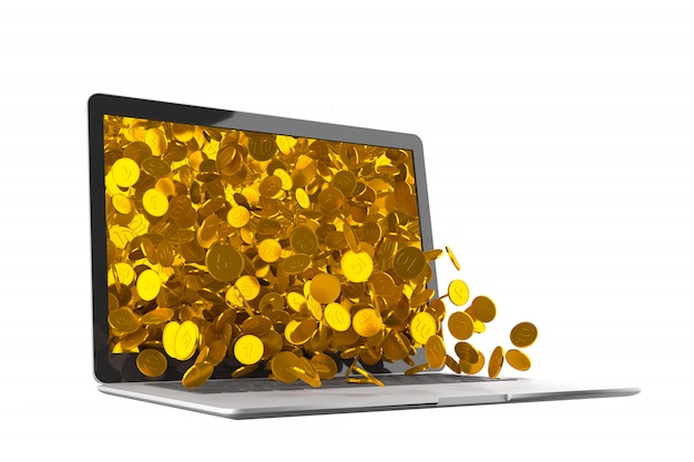 A lot of gold coins spilling out of the laptop monitor  