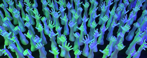 Lot of hands in neon light on a dark background, 3d illustration