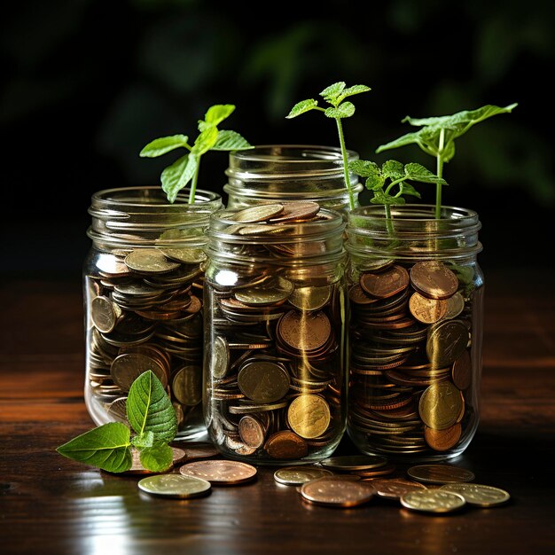 Photo a lot of jars with a stack of coins in it symbolizing the economic grow investment concept