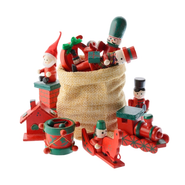 Lot of multicolored Christmas decorations in a Santa Claus bag