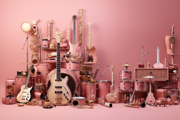 ピンクの背景の音楽コンサートに楽器がたくさん