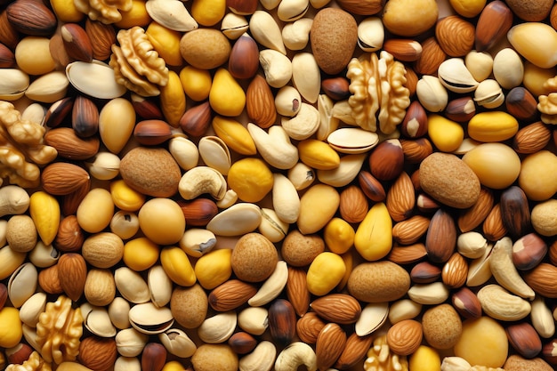 A lot of nuts are shown on a table