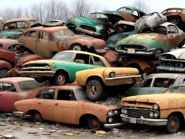 Photo a lot of old cars lying on top of each other a dump auto recycling ai generated