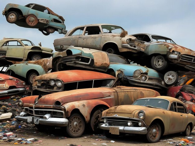 A lot of old cars lying on top of each other a dump auto recycling ai generated