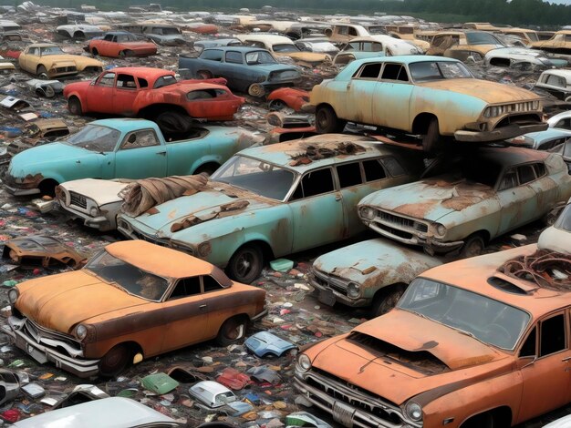 Photo a lot of old cars lying on top of each other a dump auto recycling ai generated