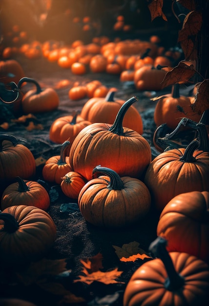 Photo a lot of orange pumpkin lies on the farmer's garden for halloween ai generated