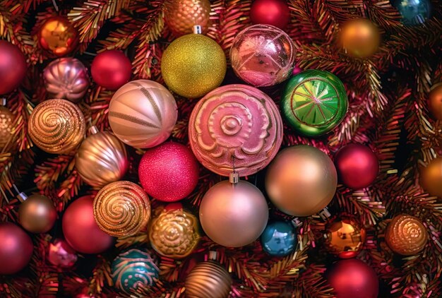 a lot of ornaments on the inside of a christmas tree in the style of light maroon and green