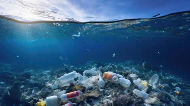 Photo a lot of plastic debris in the ocean water