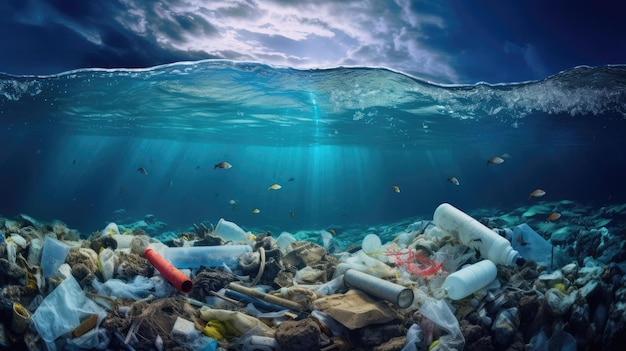 A lot of plastic debris in the ocean water