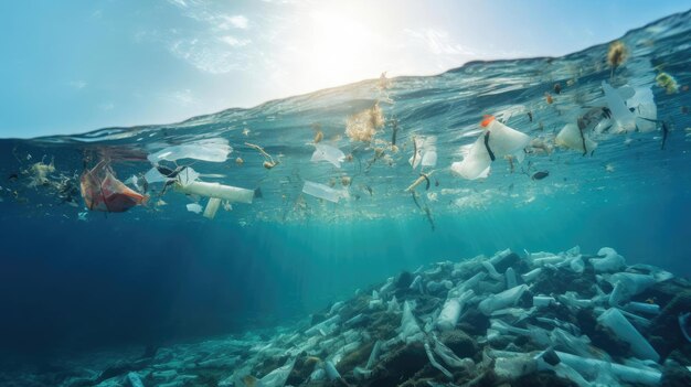 Foto molti detriti di plastica nell'acqua dell'oceano