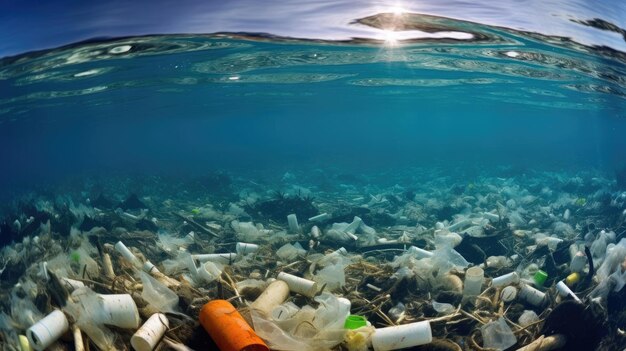 A lot of plastic debris in the ocean water