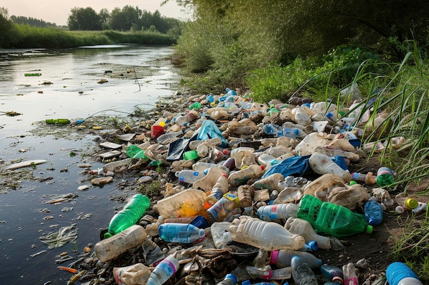 lot of plastic garbage in the river huge pile