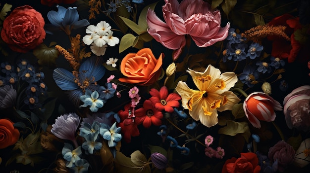 A lot of random flowers on dark background