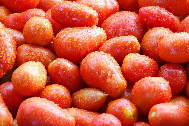 Lot of red ripe tasty tomatoes with water drops