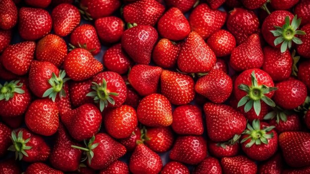 A lot of ripe juicy shiny red strawberries