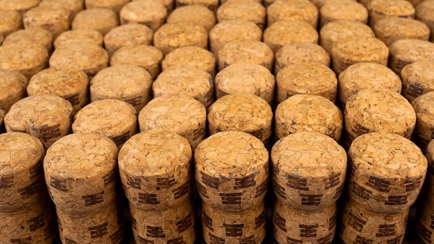 A lot of rows different wooden champagne corks from cork tree.