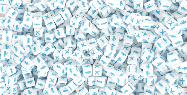 A lot of scattered cubes with logos of different types of transport. 3d illustration