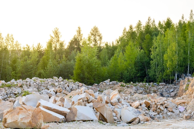 A lot of scattered stones in the mountains against the backdrop of a green forest