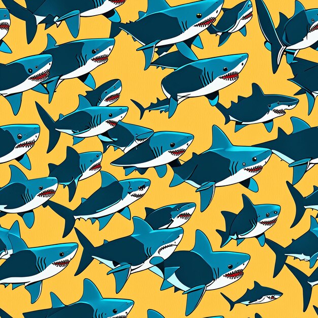 a lot of sharks on a yellow background