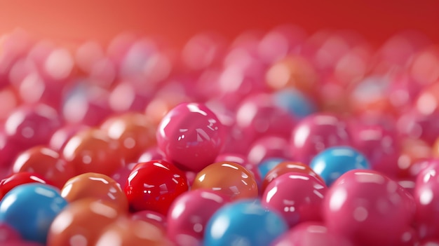 A lot of small glossy balls in pink blue and orange colors The balls are in focus and have a glossy surface