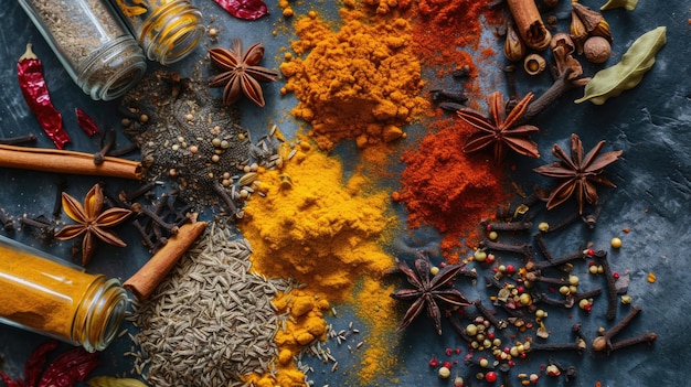 Photo a lot of spices are scattered on the table view from above