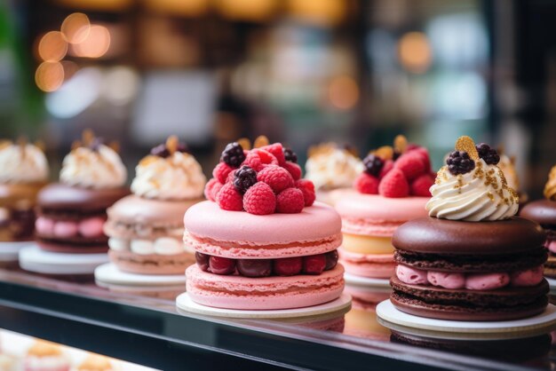 Foto un sacco di torte dolci in una panetteria