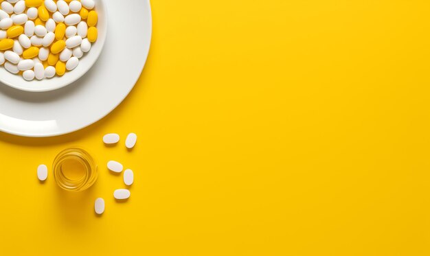 A lot of tablets on a plate on yellow table Medicine health disease